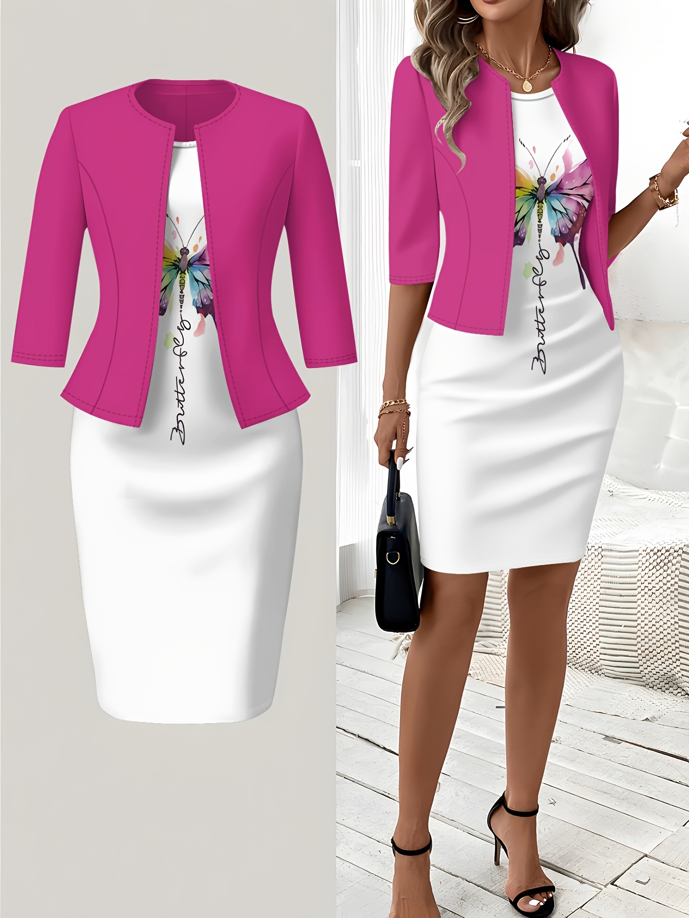 Winter Clothing Ladies - Styl jesienno-zimowy, sukienka z nadrukiem motyli
